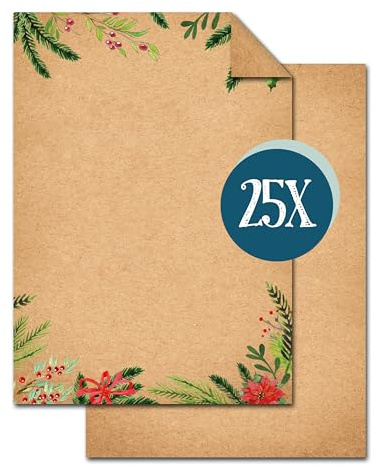 Briefpapier Kraftpapier Weihnachten, 25 Blatt: Weihnachtliches Schreibpapier, Papier zum Schreiben, Menükarte, Bastelpapier Set, Motivpapier, Weihnachtsbriefpapier, Brief Bedruckbar Braun, DIN A4