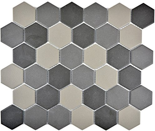 Mosaik Fliese Keramik Hexagon grau dunkelgrau schwarz unglasiert für BODEN WAND BAD WC DUSCHE KÜCHE, Mattengröße: 325x281 = 0,09 qm, Steingröße: 51x59x5 mm - 1 Matte