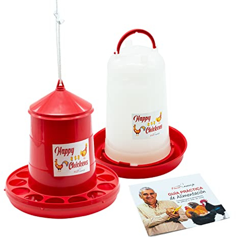 FINCA CASAREJO Pack Comedero y Bebedero para Gallinas y Otras Aves - Comedero y Bebedero Happy Chickens de 12kg y 10L - Plástico Resistente - Incluye Guía Práctica de Alimentación de Gallinas