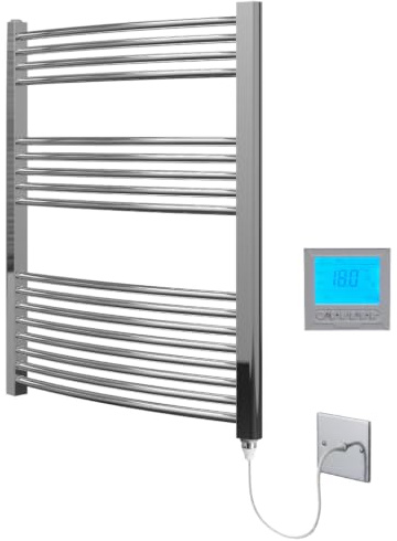 Greened House Chrome Electric Heated Towel Rail 600mm W x 1000mm H + Timer | Curved Design, Includes 7 Day Timer/Thermostat, Bathroom, Towel Warmer