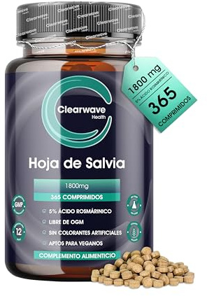 Tabletas de Salvia 1800mg | 365 Tabletas | 1 Año | Menopausia | Suministro para 1 año, 6% ácido rosmarínico, apoyo tradicional en la menopausia, vegano, GMP