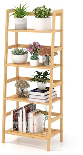 HAPPYGRILL 4 Tier Bamboo Bookshelf, Freestanding Open Bookcase Book Shelf Multifunctional Plant Flower Display Stand, Ladder Shelf for Bedroom, Living Room, Home Office,Small Space