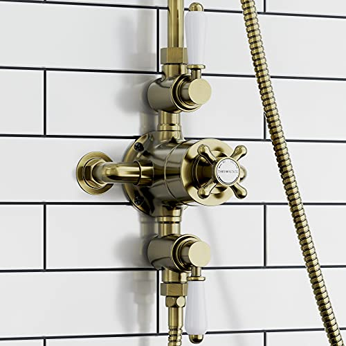 ENKI T92 Downton Thermostatic Exposed Shower Valve, Antique Brass, Mixer | Solid Brass, 10-Year Guarantee, Wall Mounted, Modern Bathroom, Brass Body