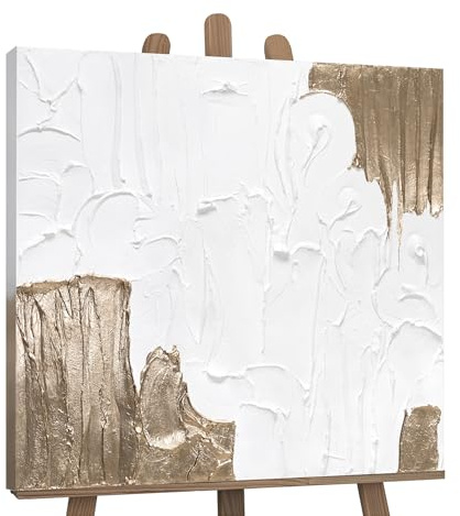 YS-Art Abstrakt Acrylbild Life handgemalt Bild Farbe weiß gold quadratisch
