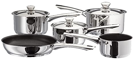 Judge Everyday Platina JDAYPC1 Set of 5 Stainless Steel Saucepans 16/18/20cm, 14cm Non-Stick Milk Pan, 24cm Non-Stick Frying Pan - 25 Year Guarantee Silver