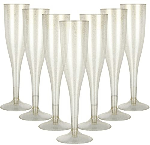 JMIATRY 50 Pcs Plastic Champagne Flutes, 192ml/6.5oz Multi-Use Champagne Flutes, Gold Glitter Plastic Champagne Glasses Great for Wedding, Christmas, Birthday Party and Daily Use