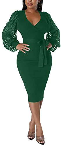 BOGURST Dresses for Women Party Elegant Balloon Sleeve V Neck Sheath Casual Work Ladies Dresses molv 2XL