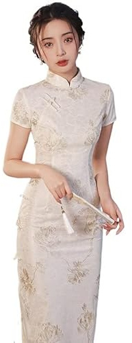FOIDL Vestido de verano de manga corta Qipao chino con cuello mandarín Vintage Midi Cheongsam for mujer (Color : White, Size : XXL)