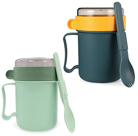 TACYKIBD 2 tazze da zuppa con coperchio, ciotole da zuppa con manici per microonde, 2 colori con cucchiaio, contenitori per zuppa con coperchio, per casa, ufficio, scuola, viaggi, picnic