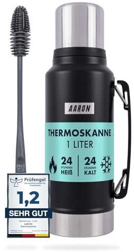 AARON Flask Thermoskanne 1L - mind. 24h Heiß/Kalt, auslaufsichere Trinkflasche aus Edelstahl, Spülmaschinenfest - Thermosflasche Edelstahl und schwarz