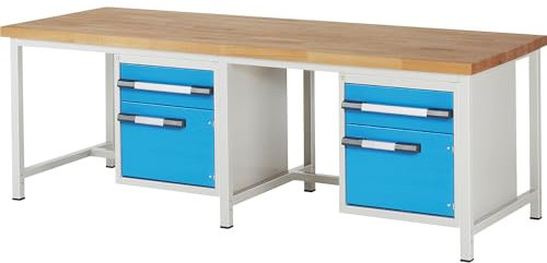 eurokraft | Werkbank | Gestellbauweise Serie 8000 | 2 Schubladen 180 mm | 2 Türen 360 mm | extrabreit | BxT 2500 x 900 mm