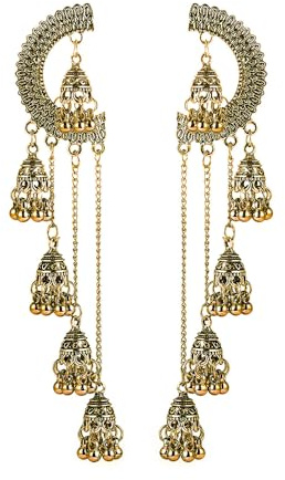 Jhumki Bell Boucles d'oreilles longues à pampilles en perles pour femmes et filles Mode bohème vintage indien Grandes boucles d'oreilles pendantes exagérées Bijoux traditionnels Cadeaux (Doré)