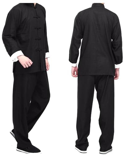 Crysterris Tai Chi Uniform for Men, Chinese Traditional Kung Fu Suit, Martial Arts Cotton Clothing Coat Tops and Pants set (XL, Black)