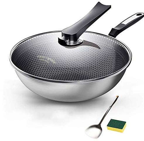 OQHAIR Wok para inducción 304 Sin Humos Acero Inoxidable 32cm Wok Sartén Antiadherente Wok Estufas de Gas Cocina de inducción Estufa de Gas Olla Especial