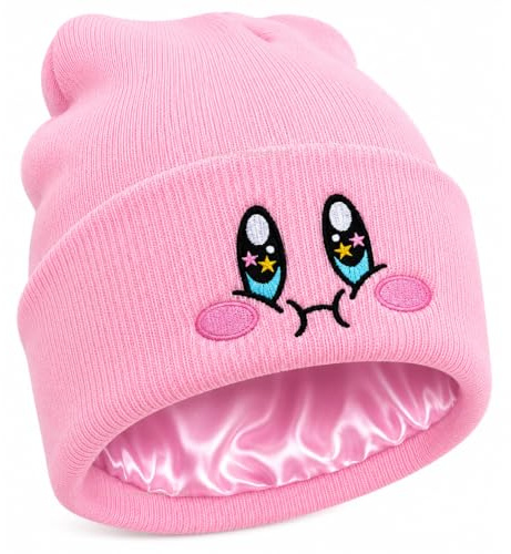 JILANI Handicraft Kirby Strickmütze mit Satin-gefüttert, niedliche Anime-Mütze mit gesticktem Gesicht, Acryl mit Seidenfutter für Damen und Herren, Pink, M/Einheitsgröße