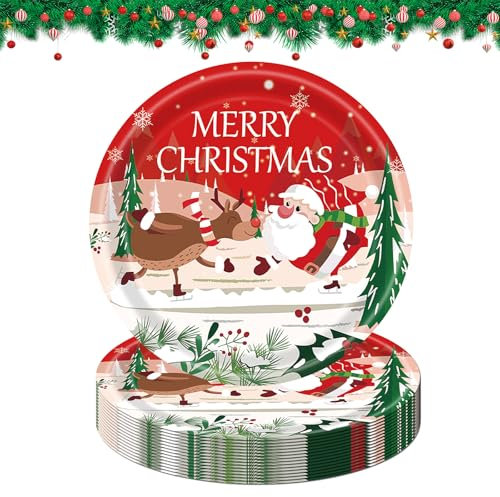DiiWmme 16 Pcs Assiettes en papier de fête de Noël 9 pouces Père Noël rouge Elk Assiette en papier de Noël Vaisselle de fête pour fournitures de fête de Noël Décorations de table (A)