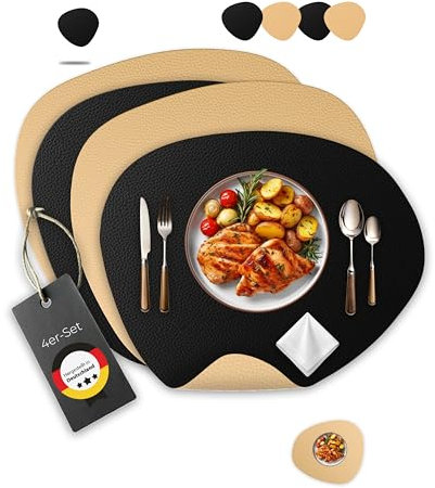 Lederfabrik Garnier® Tischsets Abwaschbar 4er-Set – Nachhaltig & Beidseitig Verwendbar – Edles PVC-Kunstleder Made in Germany (Modern, Schwarz/Beige)