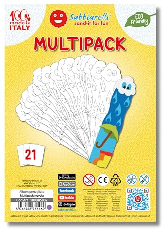 Sabbiarelli – Multipack Lesezeichen Wolke | Klebebögen für Sand Art | Enthält 7 Klebebögen A5 mit 21 identischen Lesezeichen | 100% Made in Italy | Workshops 5-9 Jahre | FARBSAND NICHT ENTHALTEN