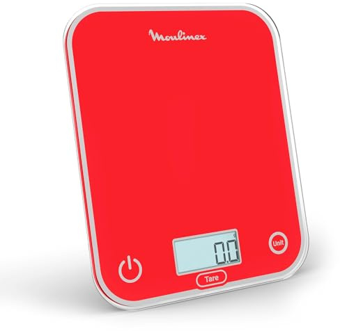 Moulinex Optiss BN50U3V0 Balance de cuisine numérique, écran rétroéclairé facile à lire, anti-rayures, capacité de 5 kg, rouge