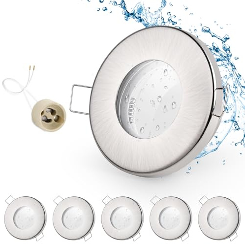 GeyouLux 6x Einbaustrahler GU10 Einbaurahmen IP65 Nickel Lochmaß 65-75mm | Schwenkbar, Eisen, Ø85mm Deckenspots, Nickel gebürstet, mit 230V GU10 Fassung, bis 50W, für Bad, Rund Flach,ohne Leuchtmittel
