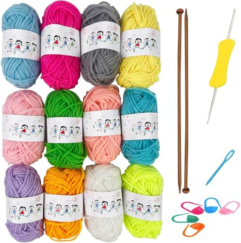 KYEDGC Kit per lavoro a maglia da 21 pezzi, 12 colori e 2 ferri da maglia in bambù, kit per principianti e adulti, kit per lavori a maglia per principianti