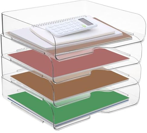 Greentainer 4-Stöckige Ablagekorb für A4, Dokumentenablage aus Plastik, Stapelbare Schreibtisch Organizer Briefkorb, Briefablage,A4-Papierablage für Zuhause,Büro,Schule(4pcs Transparent)