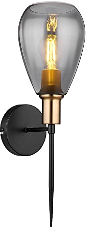 Wandlampe Lampenschirm Rauchglas Wohnzimmer Wandfackel Wandlampe schwarz Retro, Metall schwarz Glas, 1x E27 Fassung, HxBxÜ 48x15x19cm