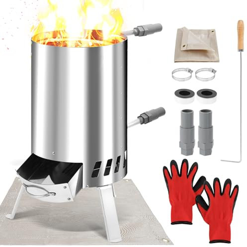 Fiqops Brennholz Poolheizung, Schwimmbadheizung mit Feuer,Edelstahl Poolheizung Feuertonne,Poolofen mit 32-38mm Anschlüsse,Outdoor Poolheizung Holz,mit Feuerfeste Matte und Tablett