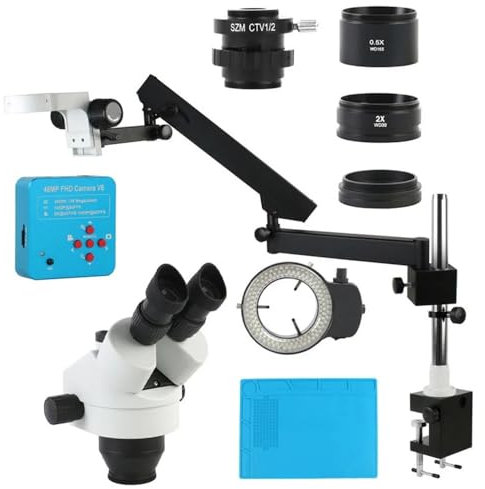 Mikroskop-Zubehörset Typ C, 32 mm Säule, Simul-Focus, 3,5- bis 90-facher Zoom, parfokales trinokulares Stereomikroskop, Gelenkarm, Klemmständer, 48 MP, 2 K HDMI(EIN Weißer)
