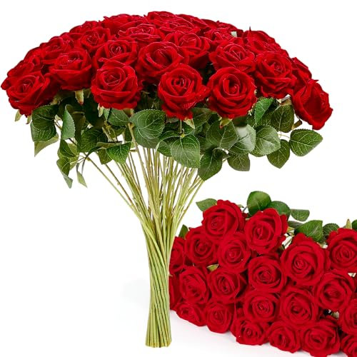 Auihiay 54 Pieces Red Roses Artificial Flower, Fake Silk Roses, Artificial Roses Bulk For Wedding Decorations Table Centerpieces, Mother's Day Valentine's Day Home Decor