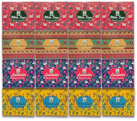 Namaste India Räucherkegel Mix 16 Pack - Palo Santo, Lavendel, Weißer Salbei & Sandelholz | 10 Kegel + 1 Metallplatte Each | Aromatherapie, Meditation, Yoga, Heimdekoration