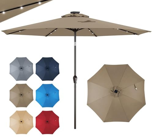 GOPLUS Parasol de Jardin Exterieur 3M, Grand Parasol Inclinable avec Lumineux Solaire 24 LED, 8 Baleines, Manivelle, Anti-UV, pour Plage Balcon Patio, Base Non Incluse (Marron)