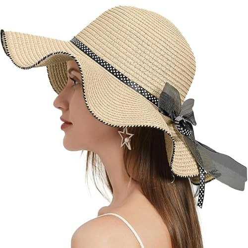 CALLYSONIC Strohhut Damen UV-Schutz, Faltbar Sonnenhut Damen, Strand Sonnenhut, Strandhut, Breiter Krempe, Kopfumfang Einstellbar 55-60CM, Sommerhut für Reise Urlaub