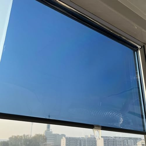 Einseitig Durchsichtig Sichtschutz Thermorollo Spiegelfolie Raffrollo Fensterfolie Aufrollbar Blickdicht Privatsphäre Schutz für Büro Wohnung Balkon(Blue,W 90xH 150cm)
