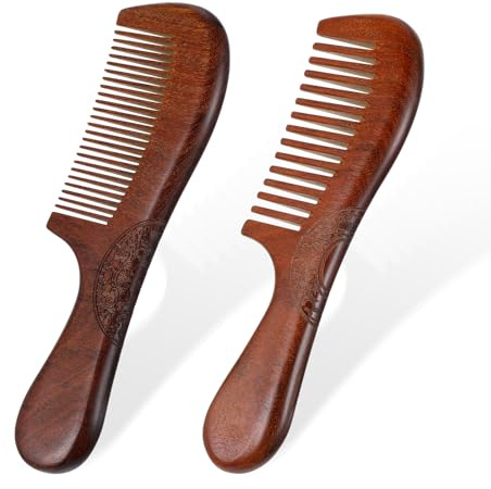 2 Pcs Wood Comb Medium Wide Tooth Wooden Comb for Women Men Hair Growth Sandalwood for Curly Hair No Static with Handle - Ebony Wood