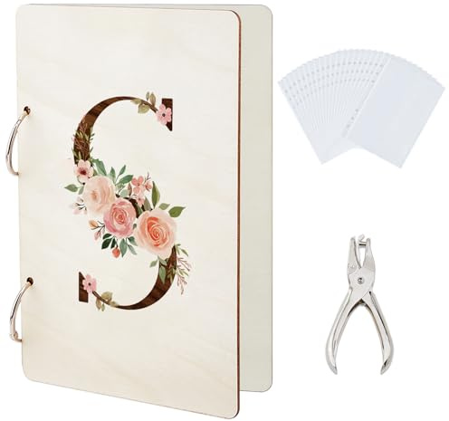 SUPERDANT Letter S Greeting Card Organizer Flowers Postcard Binder Birthday Wooden Cards Keeper Storage 2-Rings Photo Album for Wedding Holiday Anniversary with Punch and 20 Pockets Personalized Gifts