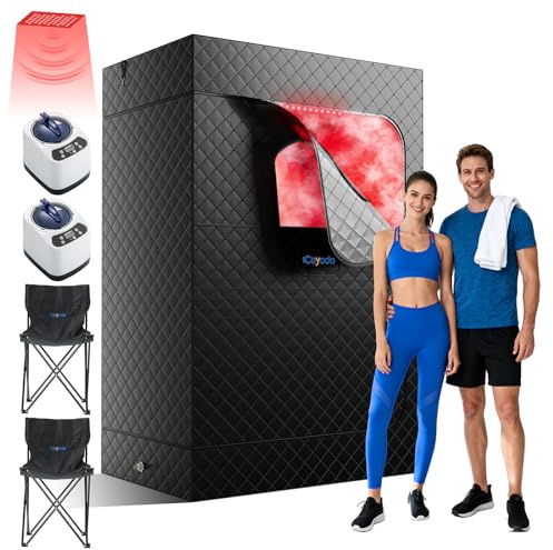 Ceyodo Upgraded 2 Person Infrared Sauna Box, 77”x 37”x 50” Portable Sauna with 660nm Red Light Therapy & 850nm,5-Layer Waterproof, 2 Steamers,2 Folding Chairs for Home Sauna
