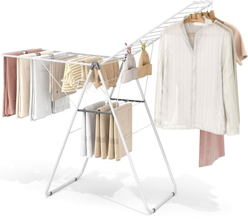 KINGBOARD Clothes Drying Rack Foldable, Metal Drying Rack Clothing with Height-Adjustable, Laundry Rack, Indoor Outdoor Use, No Assembly, 20.47x 70x 42.52, White