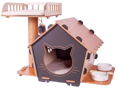 Maisonnette pour Chat 3 en 1 en Bois –Niche avec Coussin Lavable, griffoir en Jute, Jouet Suspendu et 2 gamelles intégrées–Design Compact intérieur–MDF 8 mm–38x45x55 cm–Facile à Monter (Gris)