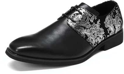 YFFUSHI Chaussures Homme Formelles Bout Pointu Jacquard Cuir Verni Derbys Affaires Lacets Brogues Respirantes, Noir PU et Argent brodé, 42