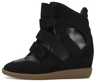 WJZDSJCO Wedge Sneakers for Women Heels Black Suede Hook and Loop High Heel Platform Tennis Round Toe Triple Strappy Band Casual Vintage Fashion Dressy Comfy Campus Trendy Retro