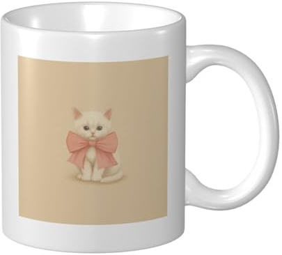 Woshuwo Taza de cerámica vintage con diseño de gatito blanco con lazo rosa gigante, elegante taza de café, taza de agua para casa y oficina, 325 ml