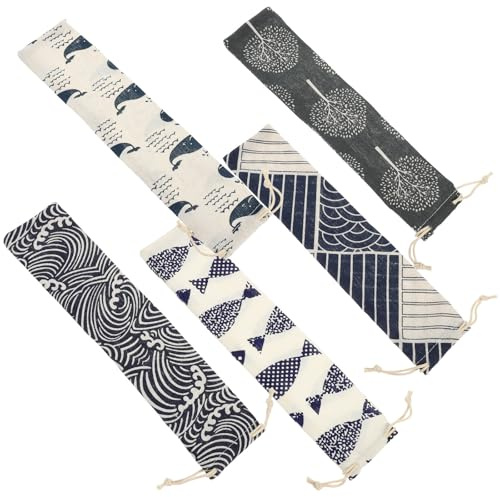 NUOBESTY Set 5 Pezzi Sacche Porta Cannucce in Cotone e Lino Coulisse Custodia Leggera e Pieghevole per Trasporto di Cannucce Riutilizzabili Borsa Organizer da Viaggio per Posate