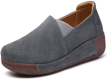 Mocasines de Plataforma para Mujer Piel de Ante Zapatos Náuticos con Tacón Sin Cordones Mocasín Comodos 39 Gris
