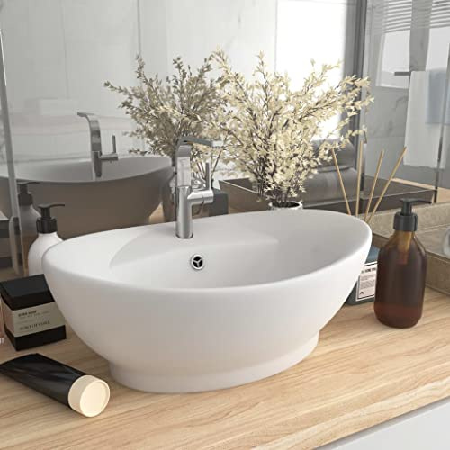 Lavabo sospeso, lavabo da appoggio, di lusso, ovale, bianco opaco, 58,5 x 39 cm, in ceramica, per piccoli ospiti, confezione compatta e facile da montare