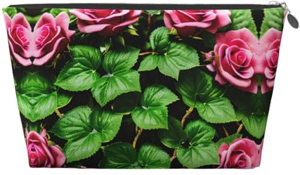Trousse de toilette de voyage en cuir doré – Réutilisable – Motif floral rose lierre avec feuilles printanières – Sac de rangement souple portable, Argenté., Taille unique
