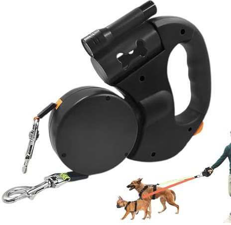 Dubbelkoppel för två hundar - LED säkerhetsljus, väderbeständigt halkfritt utomhushundkoppel med ledad vridmekanism, ergonomiskt handtag, hållbart för promenader, jogging, vandring och kamera