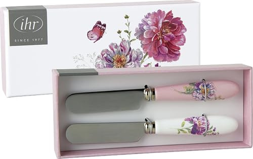 IHR - SP 1091490 - Buttermesser, 2er Set, Jardin Rose, Rosengarten, 12cm, Porzellan, Edelstahl