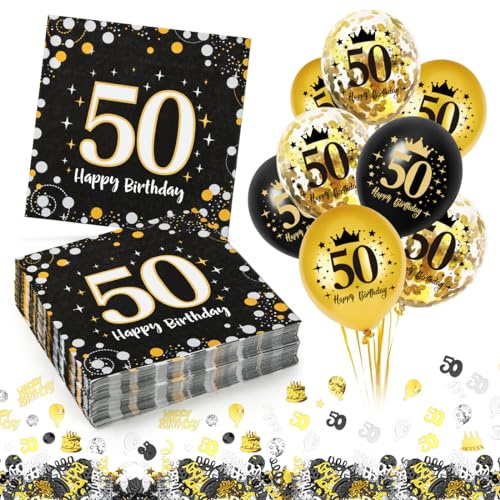 Servietten 50. Geburtstag Mann Frau, 30 Stück Deko 50 Geburtstags Servietten+ 18 Stück Luftballons Konfetti Set, Deko 50. Geburtstag Junge Serviette, Geburtstagdeko 23 Serviette, Geburtstagsservietten