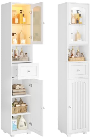 FORABAMB Badezimmerschrank, Badschrank Hochschrank mit LED Beleuchtung, verstellbare Ablagen, offenes Fach, Badezimmermöbel mit 2 Türen, Aufbewahrungsschrank für kleine Räume, 29.5x29.5x179 cm, Weiß
